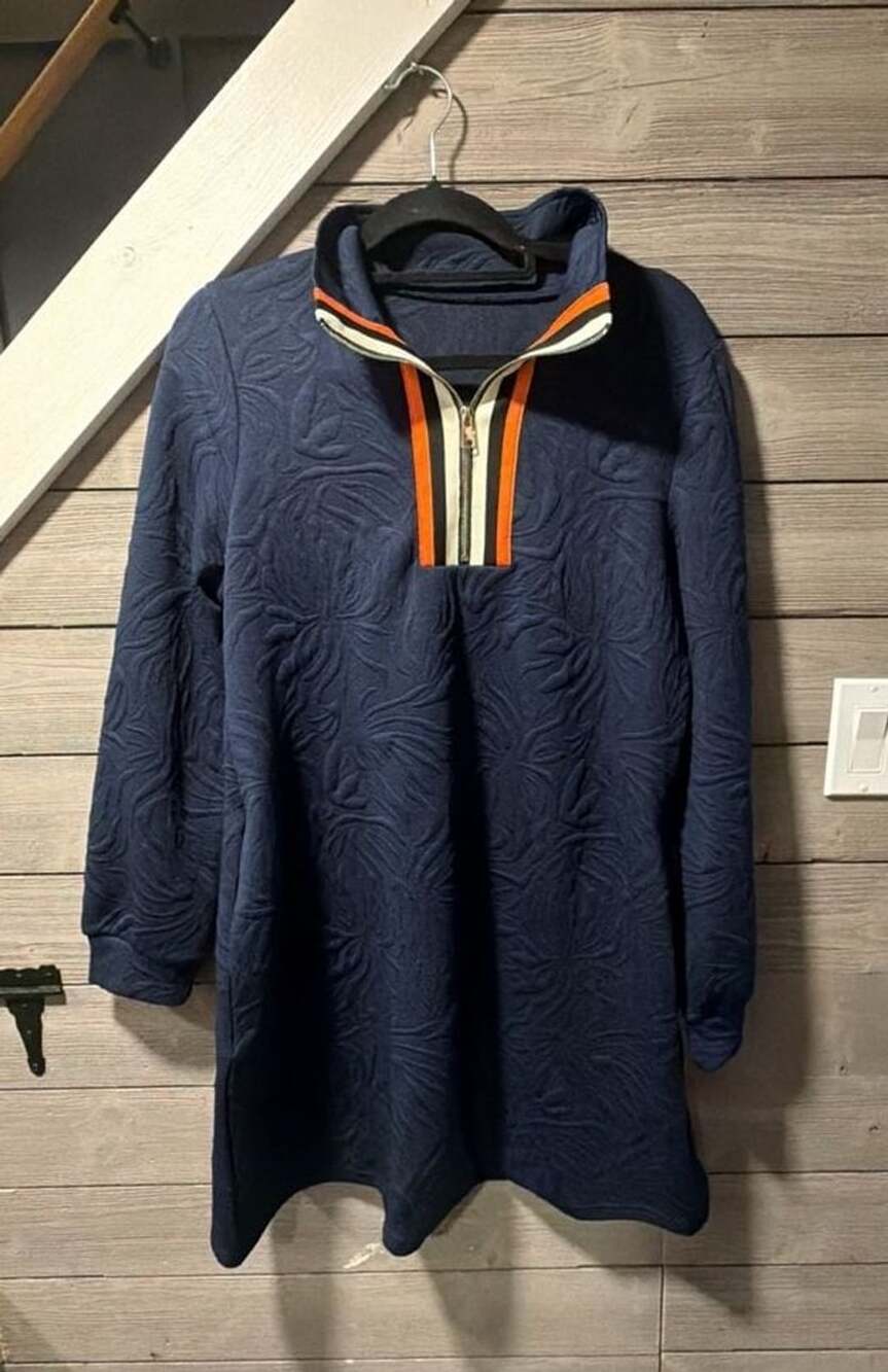 Quarter Zip Dress Size L Blue Textured Long Sleeve Mini